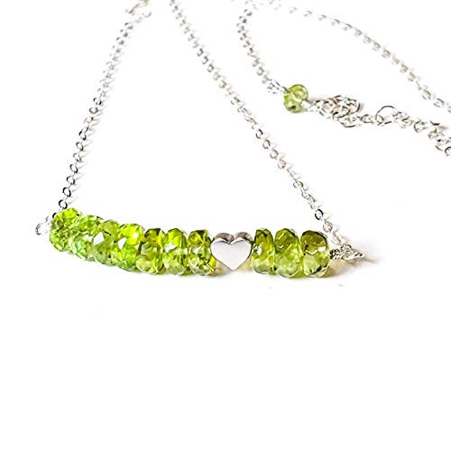 August Birthstone 925 Sterling Silver Necklace Peridot Gemstone Bar and Heart 18inch Adjustable August Birthstone 925 Sterling Silver Necklace Peridot Gemstone Bar and Heart 18inch Adjustable