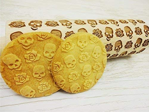 SKULLS and ROSES EMBOSSING ROLLING PIN LASER ENGRAVED HALLOWEEN PATTERN DEATH_S-HEAD