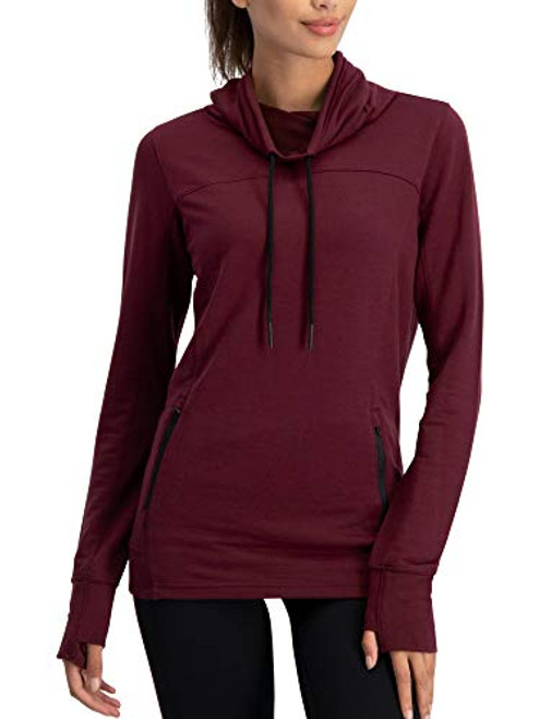 Dry Fit Running Pullover Womens - Fleece Cowl Neck Run Sweater Jacket - Zip Pockets and Thumbholes Maroon