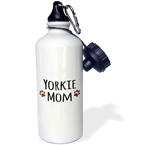 3dRose wb_154219_1 Yorkie Dog Mom-Yorkshire Terrier-Doggie By Breed-Doggy Lover Brown Paw Prints-Mama Pet Owner Sports Water Bottle, 21 oz, White