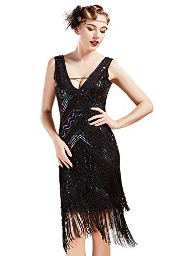 BABEYOND 1920s Flapper Dress V Neck Sequin Beaded Dress Roaring 20s Gatsby Fringe Party Dress -Black  and  Colorful Sequins  XS-