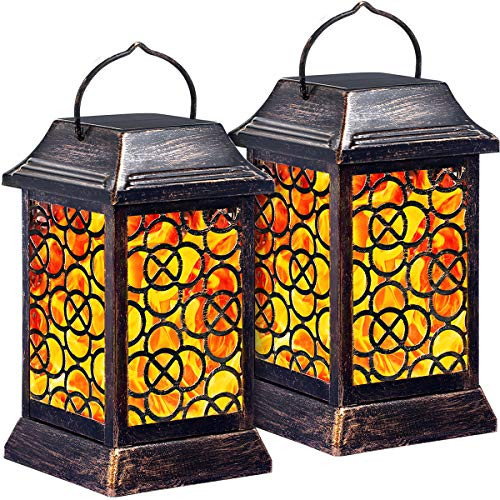 TomCare Solar Lights Metal Solar Lantern Flickering Flame Outdoor Hanging Lanterns Lighting Heavy Duty Waterproof Solar Powered LED Flame Umbrella Lights for Garden Patio Pathway Deck Yard  2 Pack