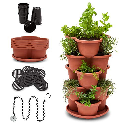 Stackable Planter Vertical Garden for Vegetables  Flowers  Herbs  Succulents  Microgreens  Gardening  5 Tier Growing System for Indoor and Outdoor  Porch Towergarden  Hanging Planter with Starter Pots