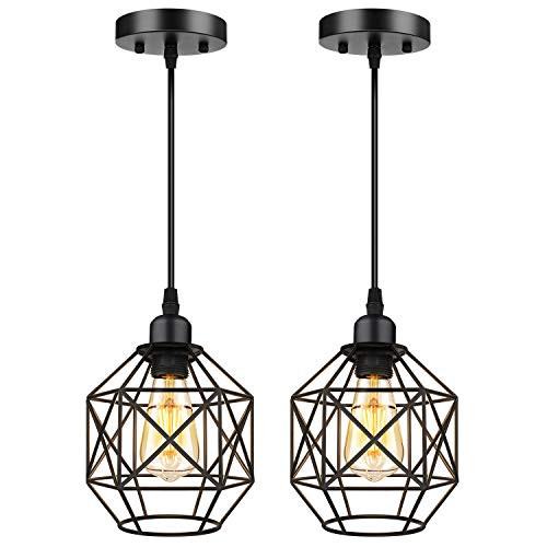 Pendant Lighting  Industrial Light Fixture  Retro Vintage Farmhouse Pendant Lights   Black Metal Cage Hanging Lights  Ceiling Lamp for Kitchen Island  Living Room  Dining Room  Loft  E26 Base  2-Pack