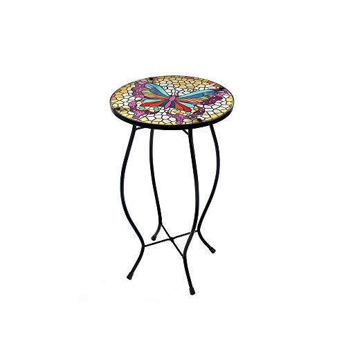 Liffy Outdoor Side Table Butterfly Mosaic Bench Small Patio Round Printed Glass Decoration for Garden  Yard or Lawn