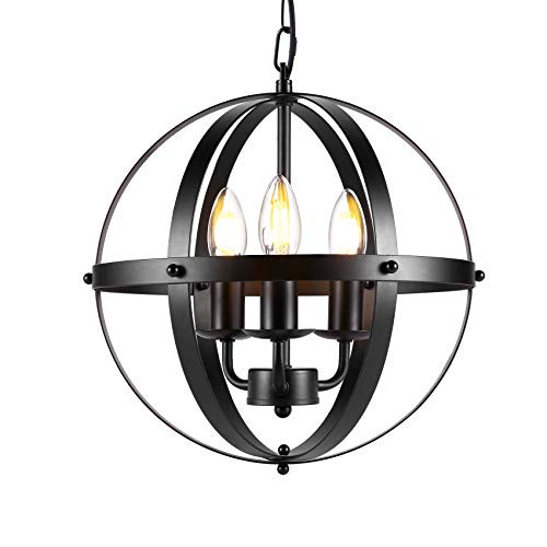 Vintage Farmhouse Chandelier Hanging Lighting  Rustic 3 Light Globe Pendant Light Fixtures with Metal Spherical Shade for Kitchen Dining Room Living Room Bedroom Hallway Entryway  E12 Base-Matte Black