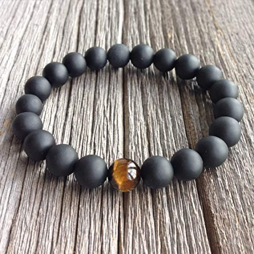 Men_s Beaded Bracelet  8mm 10mm Matte Onyx Stretch Bracelet with Single Tiger Eye  Gemstone Beaded Bracelet