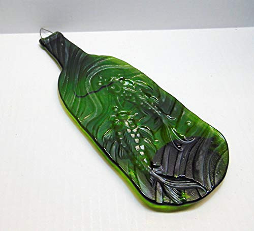 Embossed Koi Design UpCycled Melted Flat Moss Green Wine Bottle Recycled Cheese Tray Platter
