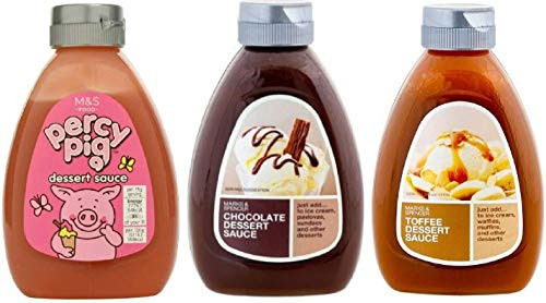 M and S Dessert Sauce Trio Pack - Percy Pig Sauce  Sticky Toffee Sauce  and  Belgian Chocolate Sauce