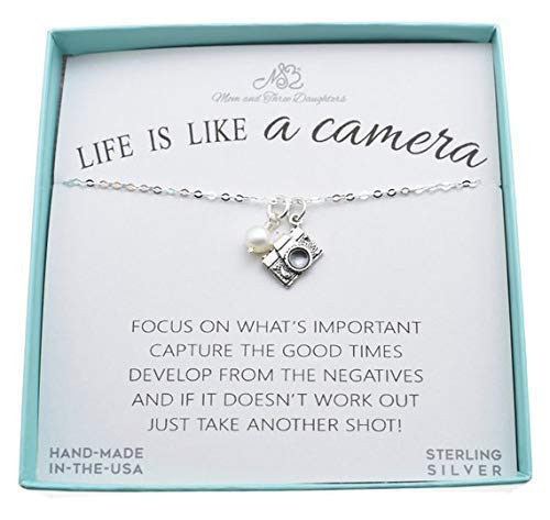 Camera Charm Necklace in Sterling Silver Accented with a Genuine Swarovski Pearl and Suspended on an 18 Inch Sterling Cable Chain. Gift For Photographer.