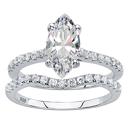 Platinum over Sterling Silver Marquise Cut and Round Cubic Zirconia 2 Piece Bridal Ring Set Size 6