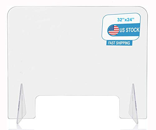 Plexiglass Barrier Acrylic Sneeze Guard for Counter Protective Freestanding Clear Plastic Desk Shield Divider for Office and Stores with Transaction Window 32inch W x 24inch H