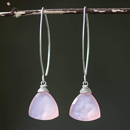 Triangular pink chalcedony earrings with silver wire wrapped on sterling silver marquise ear wires