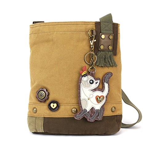 Chala Handbags Canvas Crossbody Messenger Bags with White Slim Cat Coin Purse Combo -Brown-