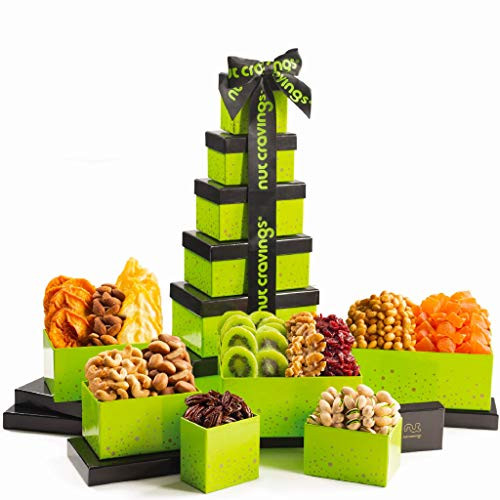 Valentines Day Gourmet Dried Fruit  and  Nut Gift Basket  Green Tower -12 Mix- - Food Arrangement Platter  Care Package Variety  Prime Birthday Assortment  Healthy Kosher Snack Box for Women  Men  Adults