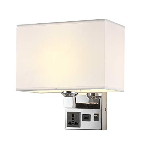 Bedroom Wall Sconce Light - Hard-Wired Bedside Wall Reading Lamps Included Universal Power Outlet and USB Port  Modern Wall Lighting fixtures with White Fabric Shade for Living Room Hotel and Home