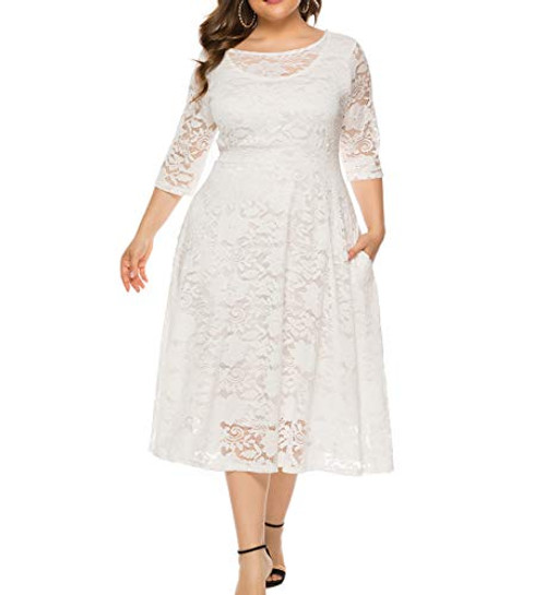 Eternatastic Womens Scooped Neckline Floral lace Top Plus Size Cocktail Party Midi Dress XL White