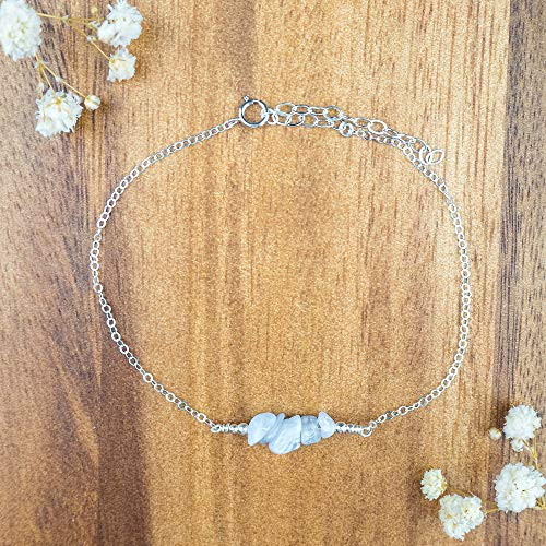 Blue lace agate bead bar crystal gemstone anklet in 925 sterling silver - 8inch  chain with 2inch  adjustable extender