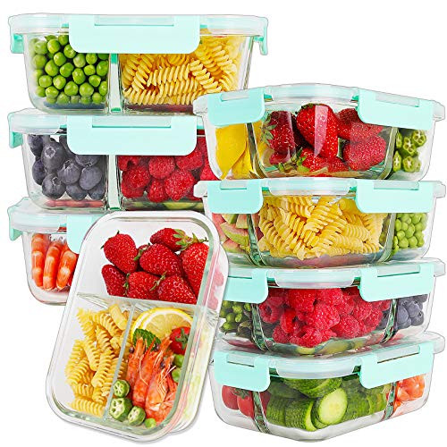 Bayco 8 Pack Glass Meal Prep Containers 3 Compartment  Glass Food Storage Containers with Lids  Airtight Glass Lunch Bento Boxes  BPA-Free  and  Leak Proof -8 lids  and  8 Containers-