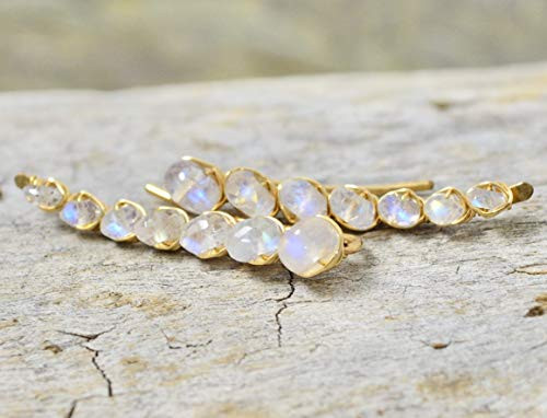 Rainbow Moonstone Ear Climber Earrings  14k Gold Filled or Sterling Silver white gemstone ear crawler  tiny ear climbers