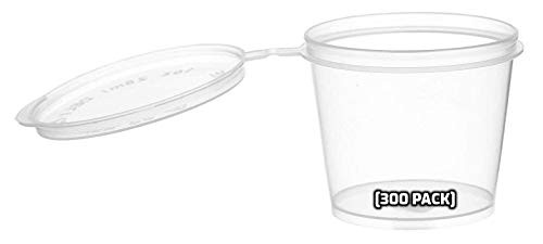 EcoQuality -300 Pack- 1 Oz Leak Proof Plastic Condiment Souffle Containers with Attached Lids - Portion Cup with Hinged Lid Perfect for Sauces  Samples  Slime  Jello Shot  Food Storage  and  More