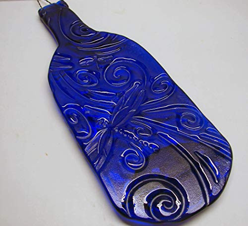 Dragonfly Embossed Cobalt Blue Wine Bottle Melted Flat UpCycled as Cheese Platter Serving Tray
