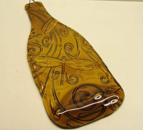 Dragonfly Embossed Yellow Wine Bottle Melted Flat UpCycled as Cheese Platter Serving Tray