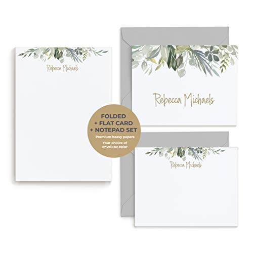SERENITY SET   3 Piece Set FOLDED  Plus FLAT  Plus PAD    Personalized Notecard and Notepad Stationery Stationary Set