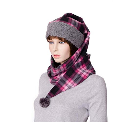 Stocking Cap Long Pink Plaid Wrap Around Fleece Gray Sherpa Scarf Hat