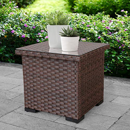 Outdoor PE Wicker Side Table - Patio Rattan Garden Coffee End Square Table with Glass Top Furniture  Brown