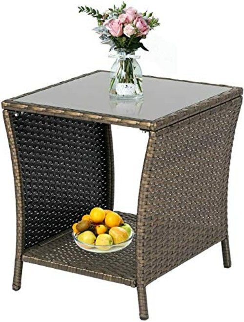 KINTNESS Wicker Rattan Side Table Outdoor End Table Patio Courtyard Coffee Bistro Glass Table with Storage