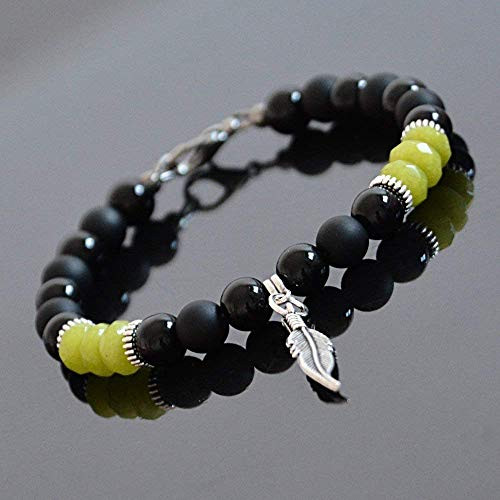 Feather Charm Handmade Beaded Bracelet for Men Peridot and Black Onyx August Birthstone Jewelry Natural Stone Feather Charm Handmade Beaded Bracelet for Men Peridot and Black Onyx August Birthstone Jewelry Natural Stone