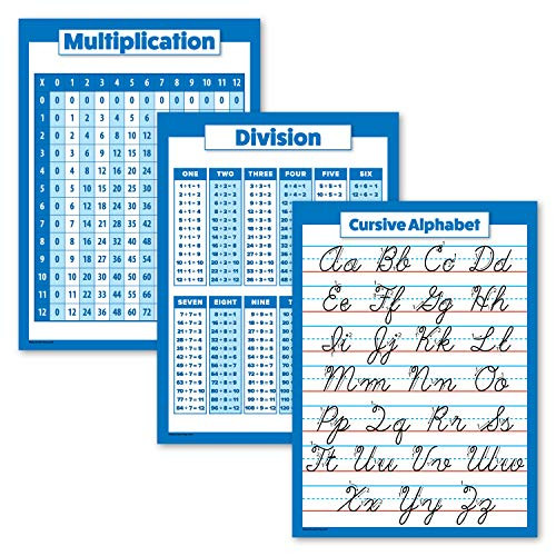 3 Pack _ Multiplication Table Poster  Plus  Division  Plus  Cursive ABC Alphabet Chart _Laminated_ 18 inch  x 24 inch _