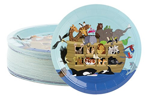 Disposable Plates - 80-Count Paper Plates, Noah's Ark Party Supplies for Appetizer, Lunch, Dinner, and Dessert, Church Gatherings, 9 x 9 Inches