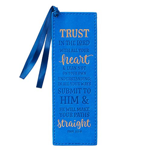 Christian Art Gifts Blue Faux Leather Bookmark _ Trust In The Lord _ Proverbs 3 5 Bible Verse Inspirational Bookmark for Women w Satin Ribbon Tassel