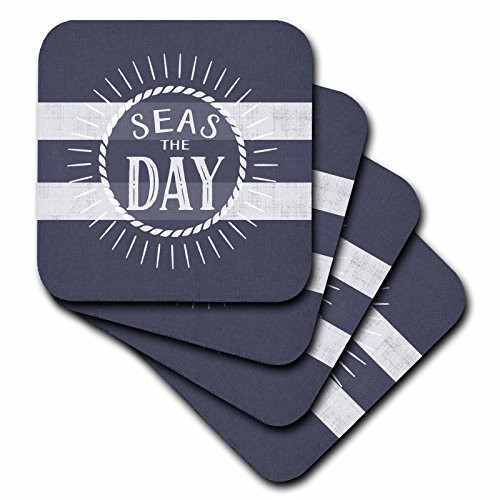 3dRose cst_244648_2 Seas the Day Play on Words Nautical Beach Theme Bold Stripes, Set of 8 Soft Coasters