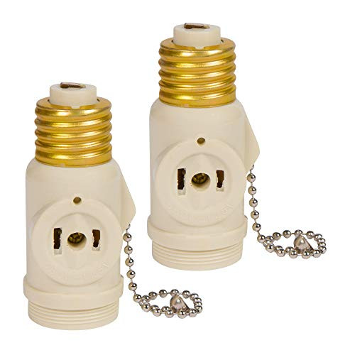 Simba Lighting E26 Light Bulb Socket Adapter White _2 Pack_ with 2 AC Outlet Plugs and Pull Chain Switch to Control Light Bulb for Indoor and Outdoor Use in Attic_ Basement_ Garage_ Medium Screw Base