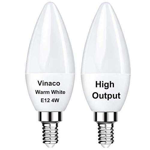 Vinaco E12 Led Bulb_ 2PCS E12 Candelabra Bulb 40 Watt Long Lasting Lifespan_ High Output 400LM E12 Bulb with 3000K Warm White Type B Light Bulb_ 4W E12 Candelabra Base for Ceiling Fan Light Bulbs