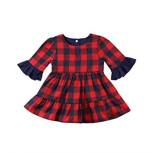 Toddler Baby Girl Christmas Party Ruffle Long Sleeve Plaid Tutu Princess Dress Outfit _2_3Years_ Red_F_