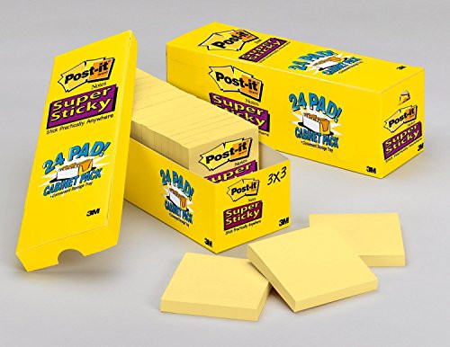 Post-it Super Sticky Notes, 3 in x 3 in, Canary Yellow, 24 Pads/Cabinet Pack (654-24SSCP)