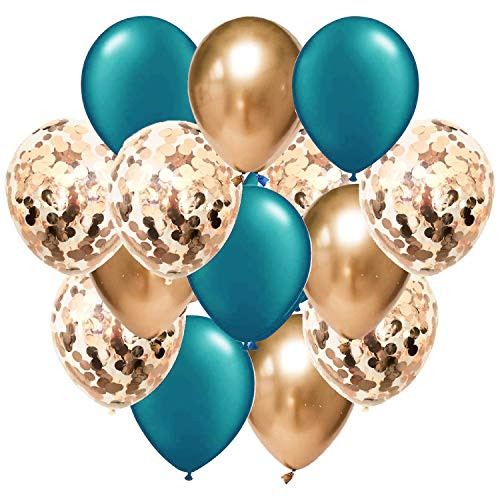 Teal Gold Birthday Party Decorations Teal Classic Rose Gold Confetti Balloons of 15pcs for Women Classic Rose Gold Latex Balloons with Balloon Ribbon for Teal Rose Gold Wedding Party Background Teal Birthday Decorations