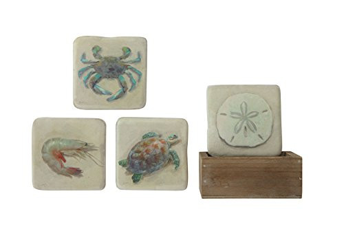 Creative Co-Op DA9204 4 Sea Life Resin Coasters in Wood Box