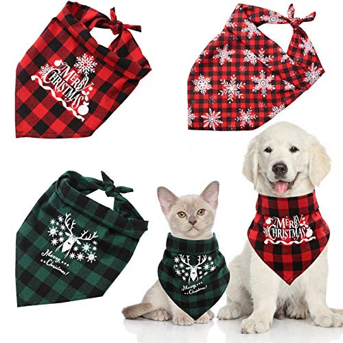3 Pieces Christmas Dog Bandana Pet Plaid Scarf Dog Merry Christmas Kerchief Puppy Washable Kerchief Pet Triangle Bib Pet Costume Accessories Decoration for Dogs Cats Pets