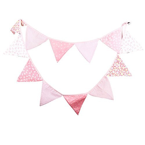 Whitelotous 10.5 Feet 12 Flags Vintage Cotton Fabric Bunting Garland Wedding Birthday Party Decoration Banner Pennant Rustic Hanging Decor _Pink D_