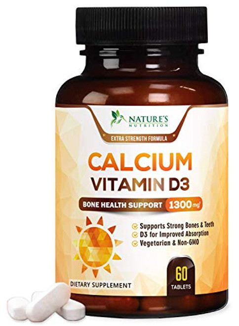 Calcium Supplement with Vitamin D3 _ High Potency Calcium Carbonate 1300mg _ Made in USA _ Calcium to Support Bone Health and Help Strong Bones for Women and Men _ Non_GMO _ 60 Tablets