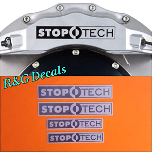 R and G High Temp STOP TECH Brake Caliper Decal Sticker Set of 4 Decals  Plus  Instruction and Decal Surface Preparation Solution _Silver_
