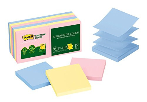 Post-it Greener Pop-up Notes, 3 in x 3 in, Helsinki Collection, 100 Sheets/Pad, 12 Pads/Pack (R330RP-12AP)