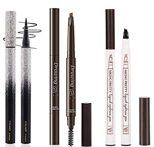 Eyebrow Tattoo Pencil with Eyeliner Pen_ Drawing Eyebrow Pencil Eye Makeup Long Lasting Waterproof  and  Smudgeproof 3 Styles _Black Dark Brown  Chestnut_