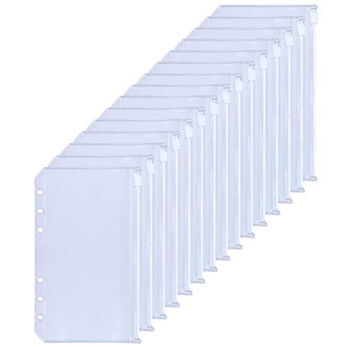 HAUTOCO 15PCS A6 6_Holes Binder Pockets Clear PVC Binder Envelopes Zipper Binder Pouches for A6 Notebook Binder_ Waterproof Cash Budget Envelopes