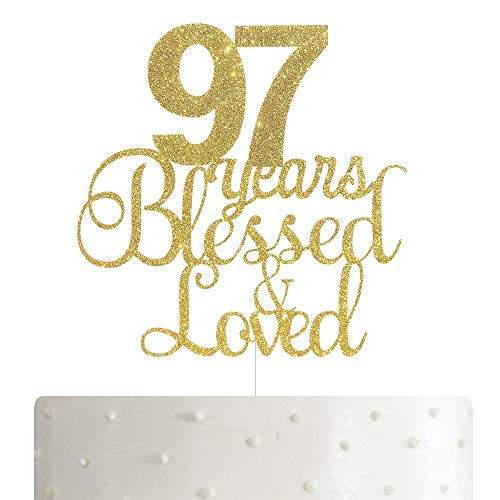 ALPHA K 97th Birthday Anniversary Cake Topper  97 Years Blessed  and  Loved Cake Topper with Gold Glitter